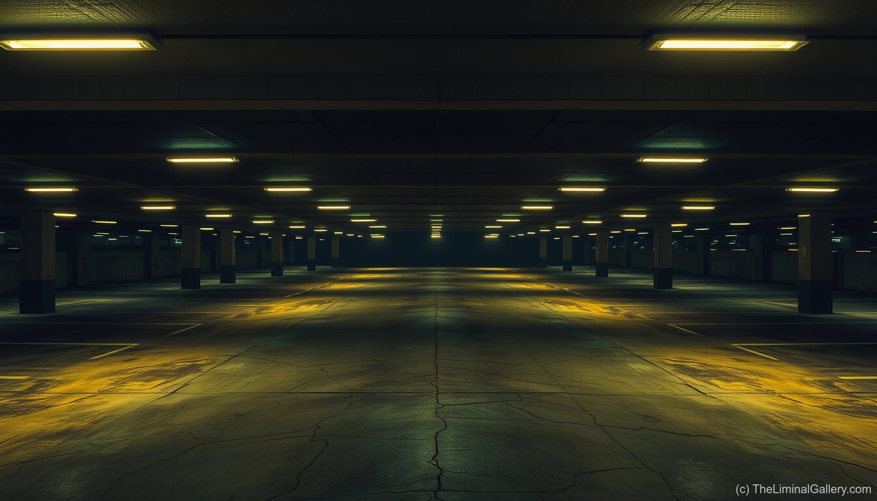 A deserted parking lot in Level 35, An Empty Car Park, epitomizes the unsettling stillness of liminal spaces.